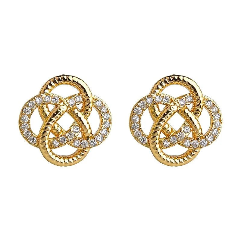 Light Luxury Copper Zircon Flower Knot Hollow Square Stud Earrings