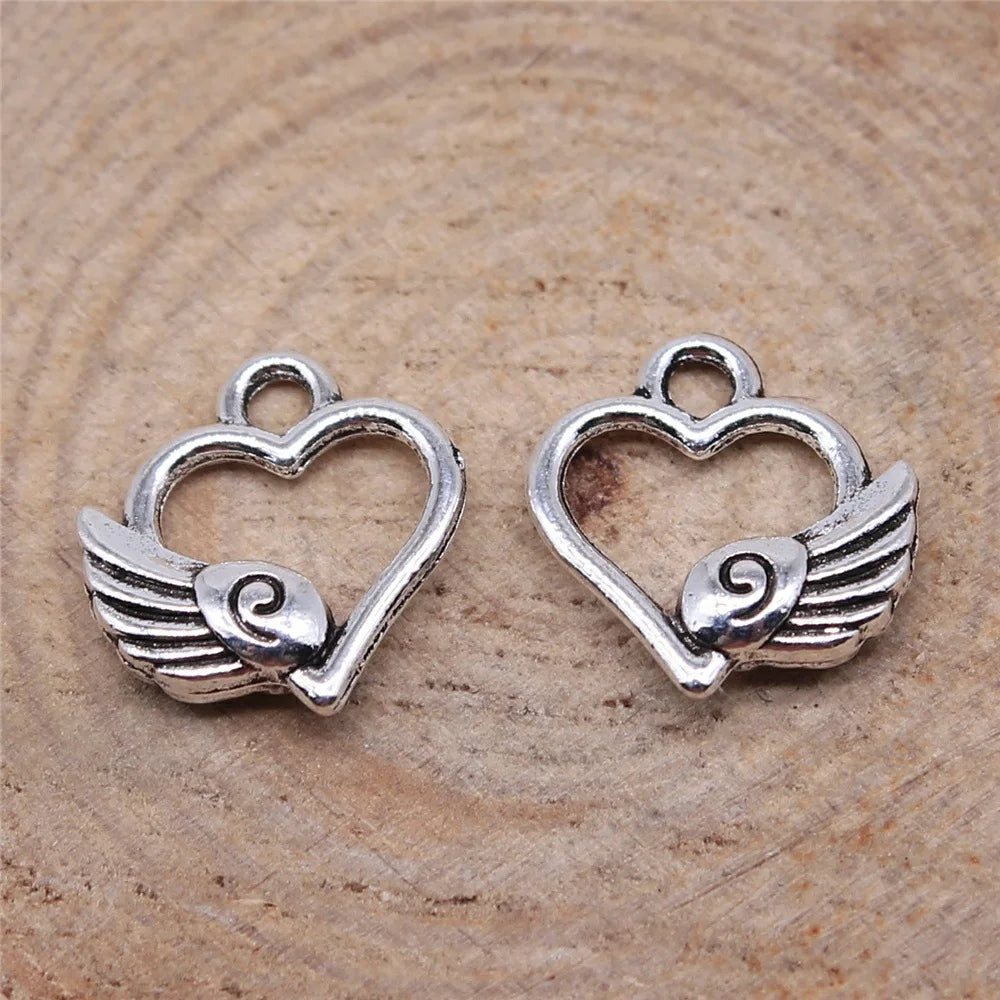 14x12mm 0.7g Antique Silver Zinc Alloy Winged Heart Wing Charm Pendant for DIY Bracelet Making