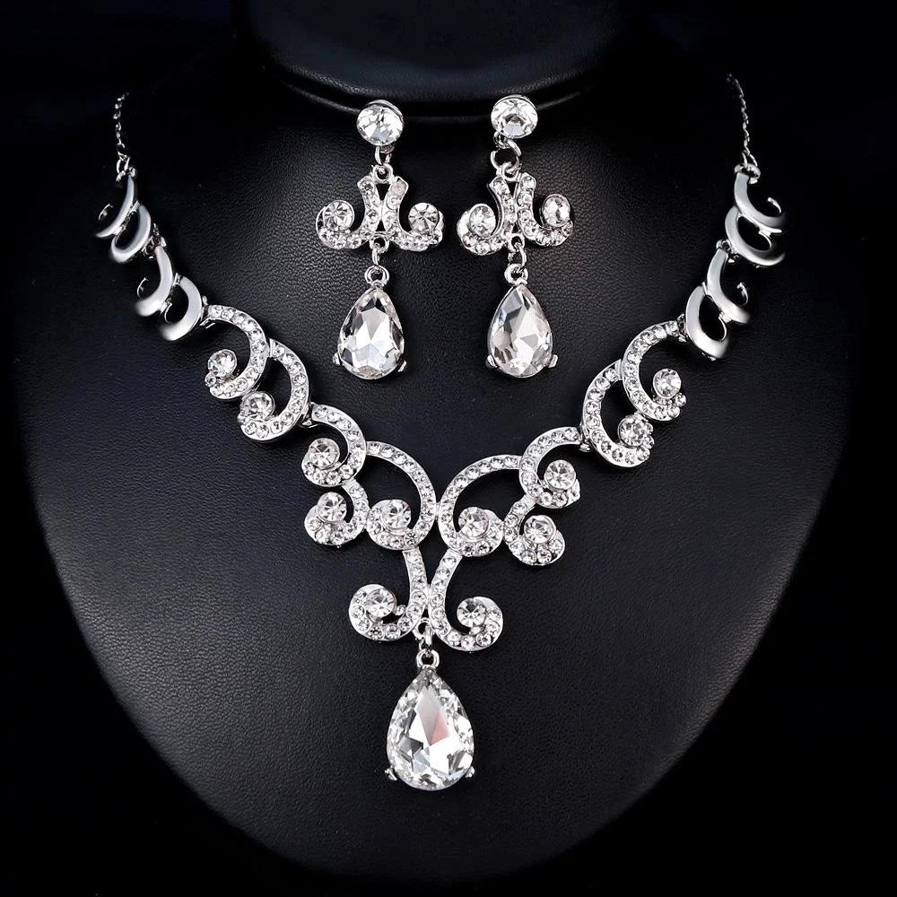 Elegant Bridal Crystal Rhinestone Alloy Necklace And Earrings Jewelry Set, Luxury Wedding Party Banquet Gift Jewelry