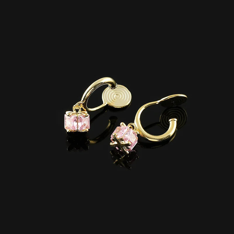 Elegant Spiral Disc Hoop With Square Pink Zircon Alloy Stud & Clip On No Piercing Earrings