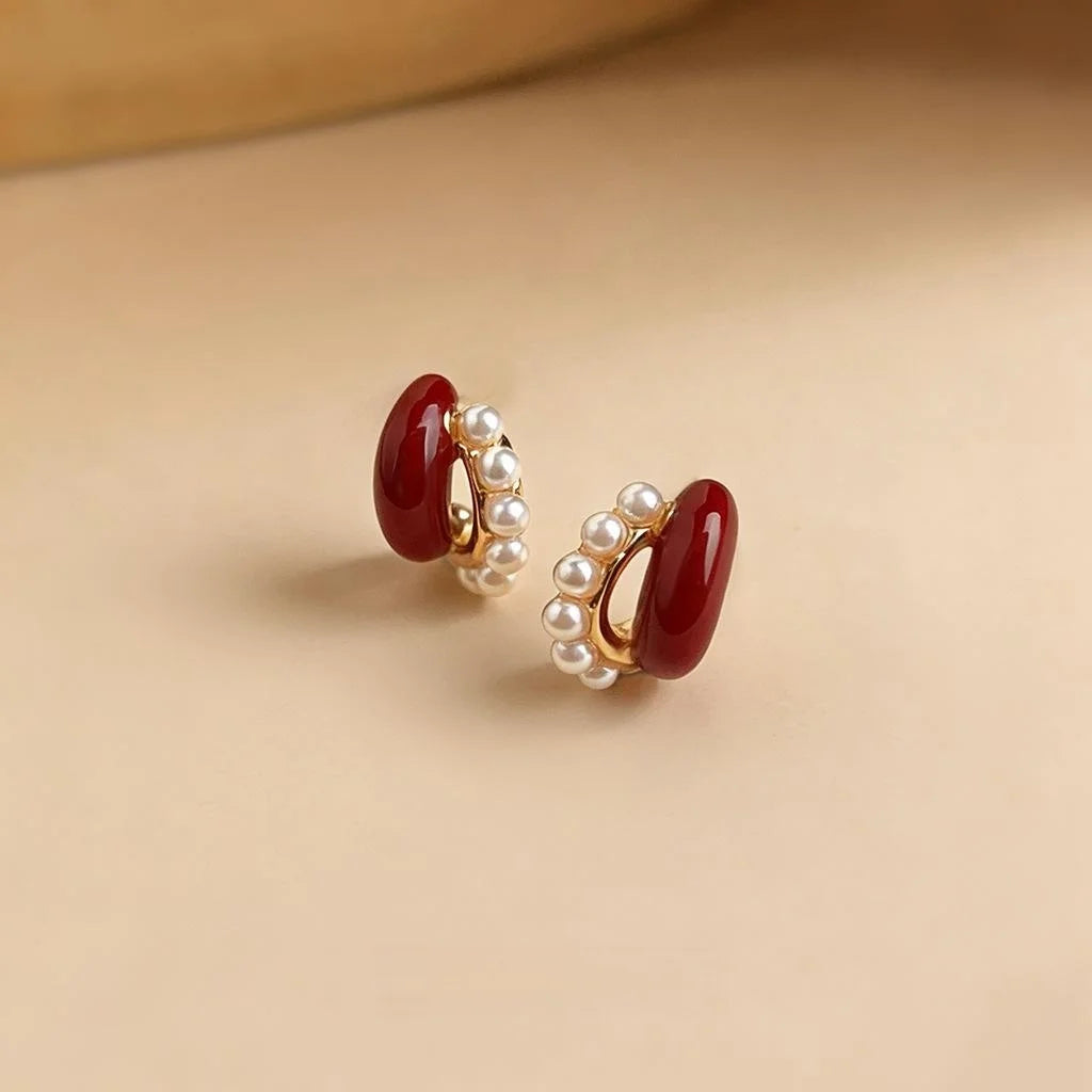 Light Luxury Vintage Burgundy Enamel Pearl Drop Earrings Copper Hepburn Style Jewelry