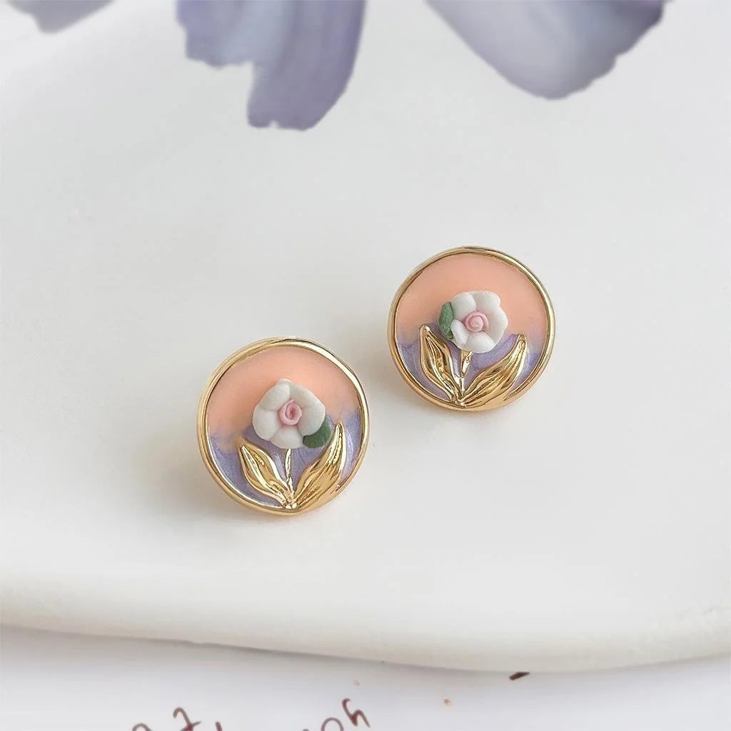 14K Gold Plated Copper Ceramic Geometric Flower Stud Earrings Fresh Sweet Enamel Style