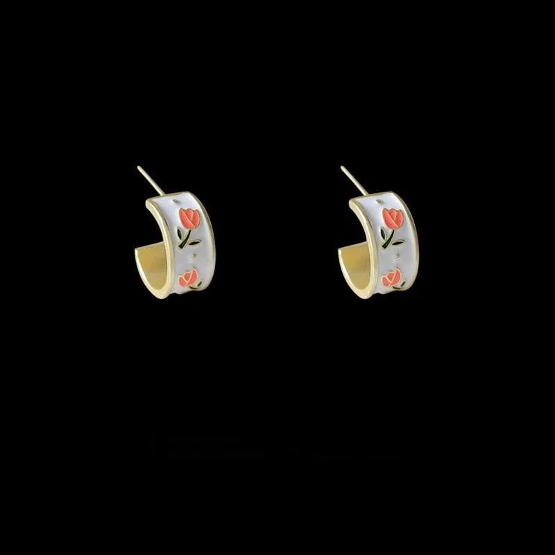 French Vintage Copper Tulip Flower Enamel C-Shaped Hoop Earrings Elegant Sweet Jewelry