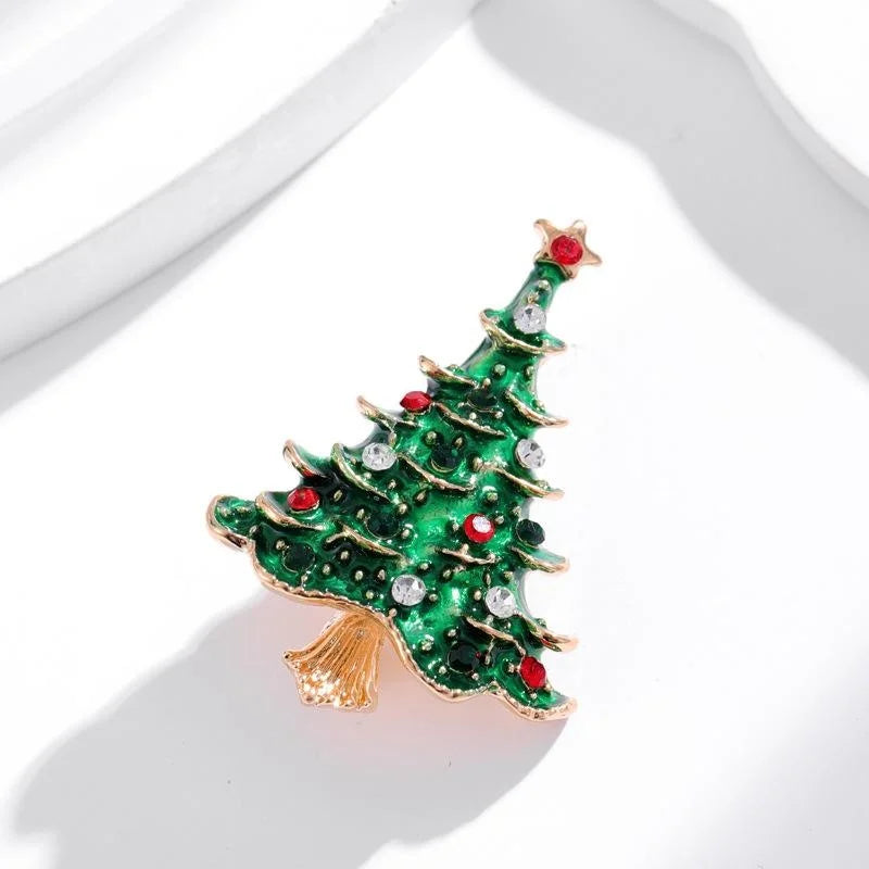 Elegant Green Enamel Christmas Tree Brooch With Rhinestones, Festive Alloy Lapel Pin Gift For Holiday Suits