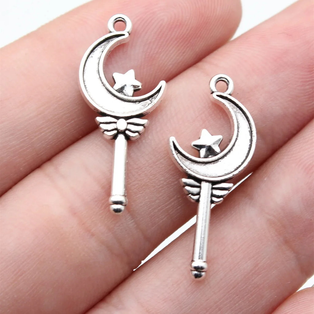 27x12mm 1.05g Antique Silver Zinc Alloy Star Moon Magic Wand Charm Pendant for DIY Fairy Jewelry