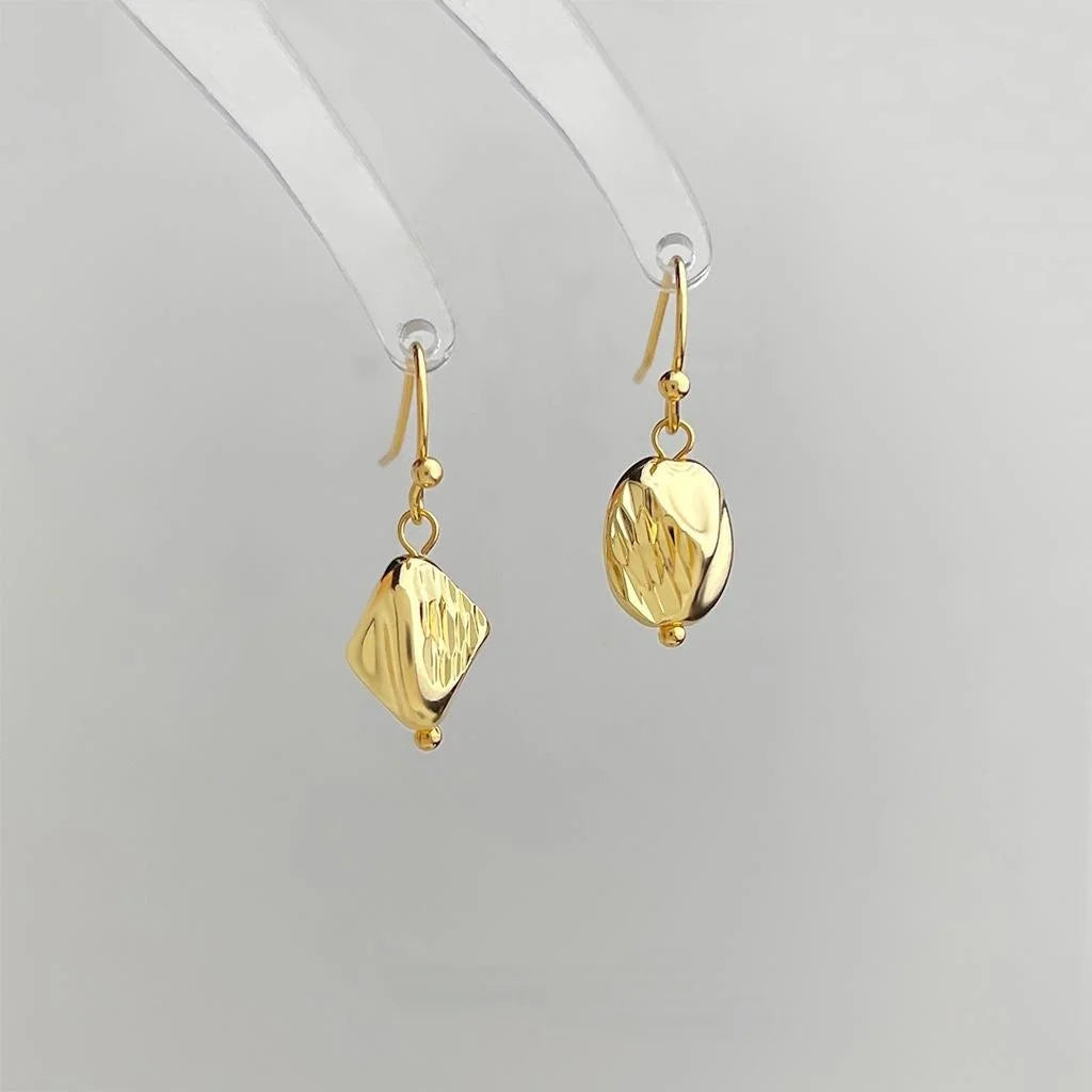 Thick Real Gold Plated Copper Geometric Round Textured Minimalist Light Luxury Drop Earrings