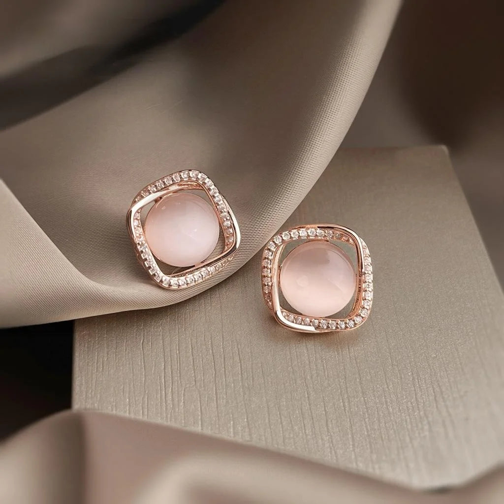 Copper Rose Gold Plated Geometric Square Stud Earrings With Zircon Glass Cat Eye Stone