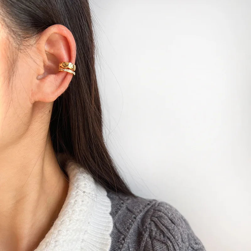 Vintage Quilted Gold Alloy Zircon Double Layer Ear Cuff Stud & Clip On No Piercing Luxury Earrings