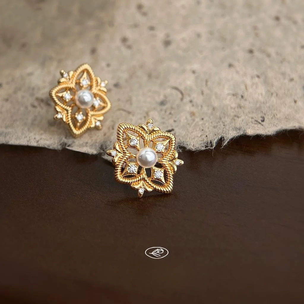 Light Luxury Copper Micro Pave Zircon Geometric Hollow Iris Flower Stud Earrings