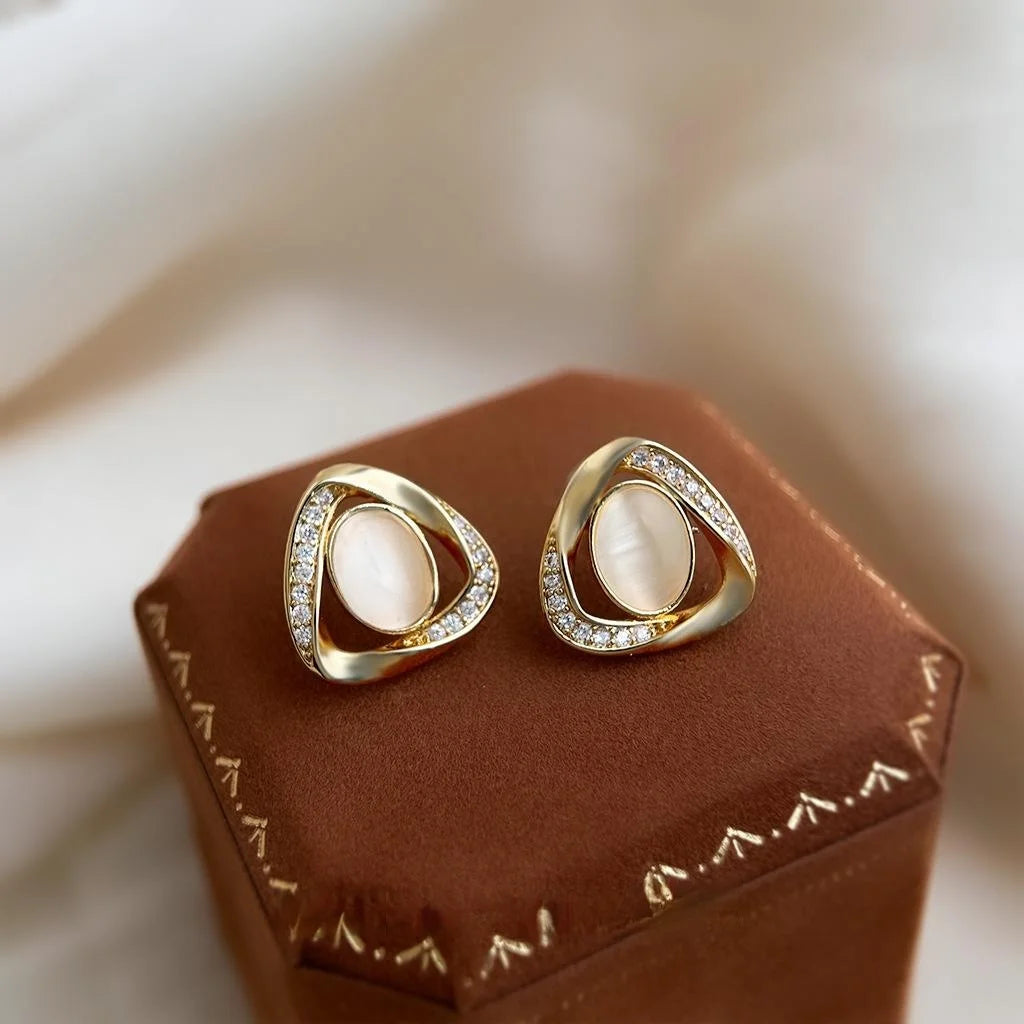 Light Luxury 14K Gold Plated Copper Geometric Cat Eye Zircon Triangle Oval Stud Earrings