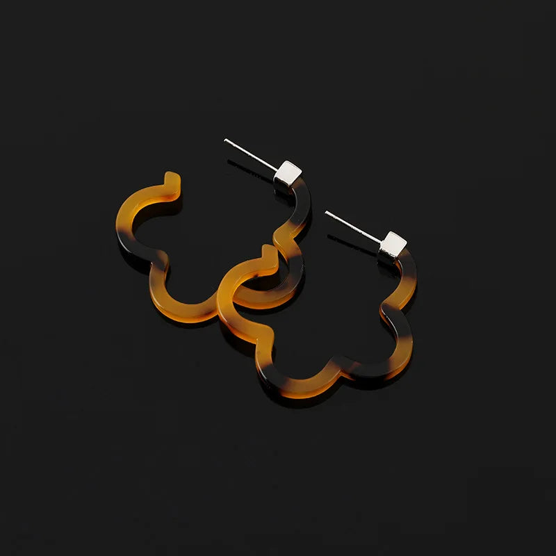 Vintage Amber Tortoiseshell Flower Swirl Alloy Stud & Clip On No Piercing Statement Hoop Earrings