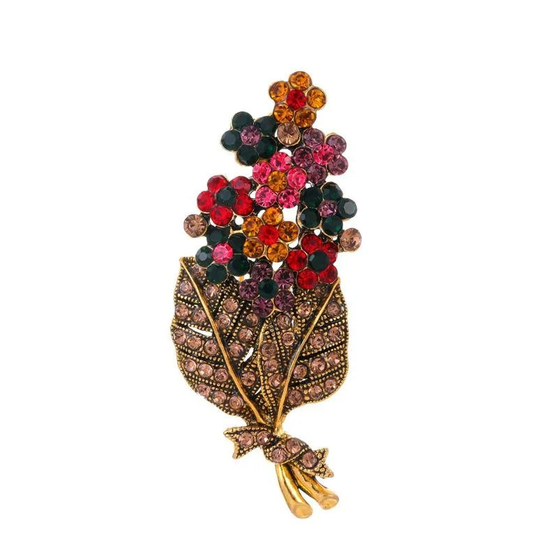 Vintage Rhinestone Flower Bouquet Leaf Basket Brooch For Women, Elegant Alloy Lapel Pin Suit Accessory Gift