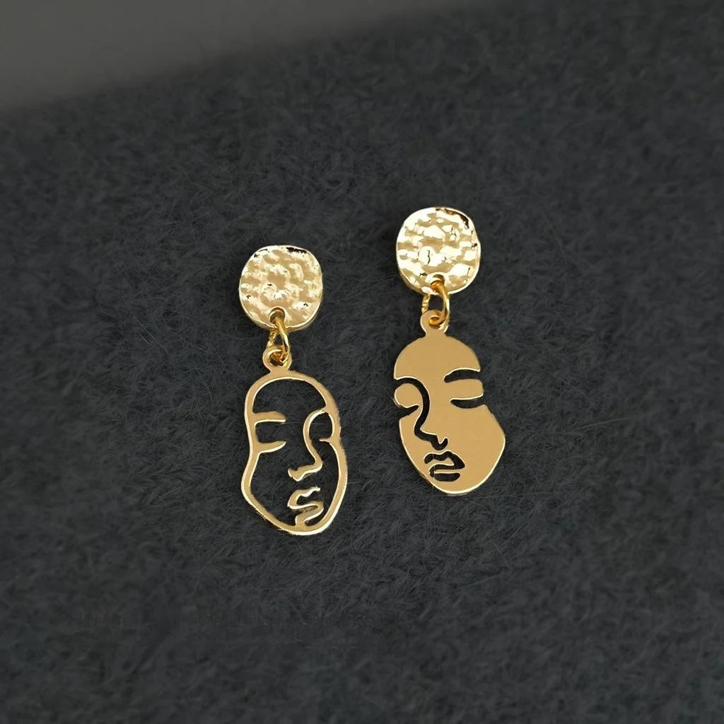 Vintage Copper Abstract Face Stud Earrings Asymmetric 14K Plated Light Luxury Jewelry