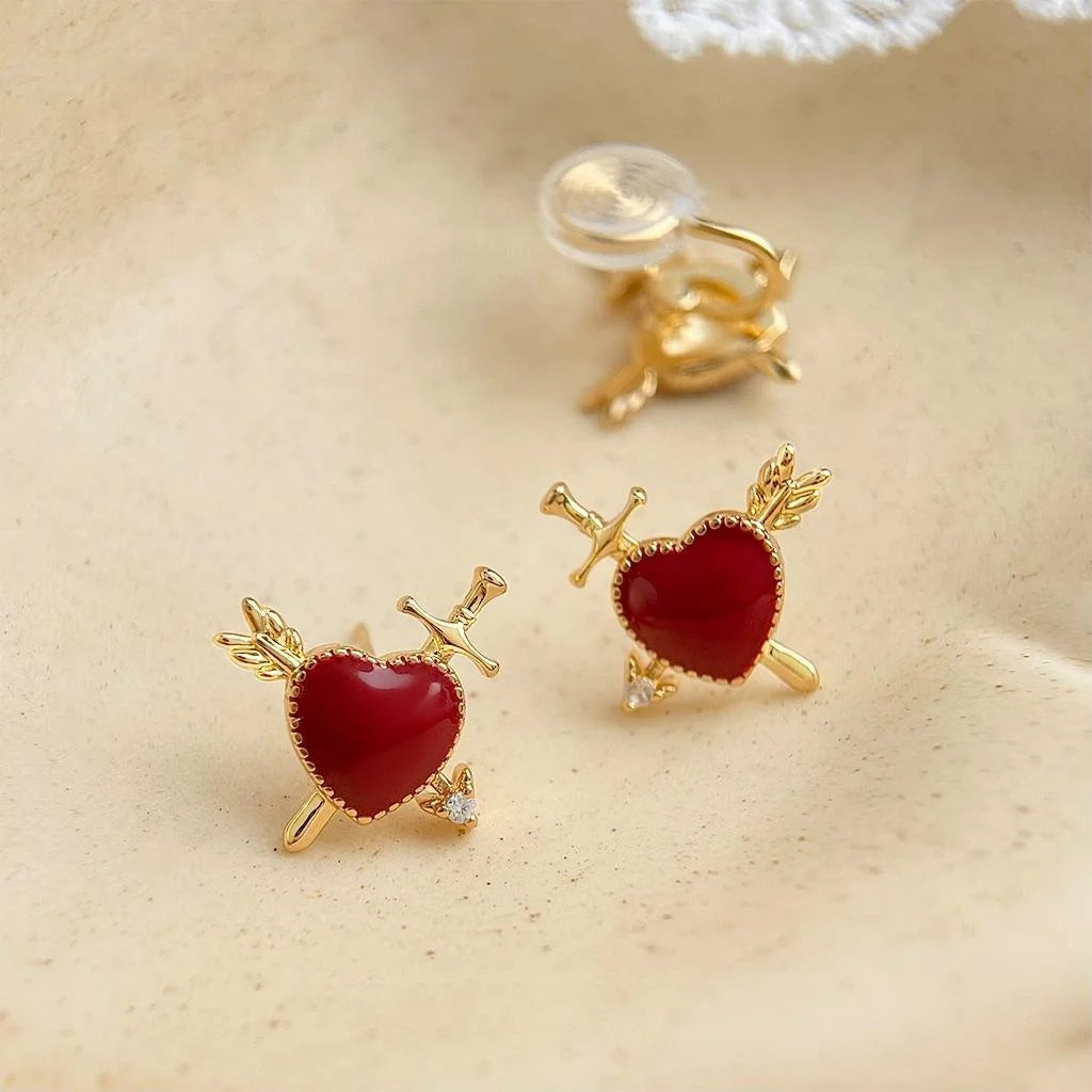 Original Design 18K Gold Plated Copper Heart Arrow Enamel Burgundy Stud Earrings