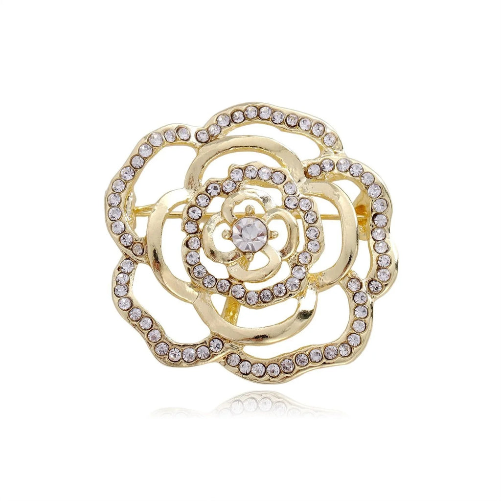 Elegant Gold Tone Rhinestone Camellia Flower Hollow Brooch, Luxury Women's Lapel Pin Corsage Suit Accessory Gift