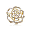 Elegant Gold Tone Rhinestone Camellia Flower Hollow Brooch, Luxury Women's Lapel Pin Corsage Suit Accessory Gift