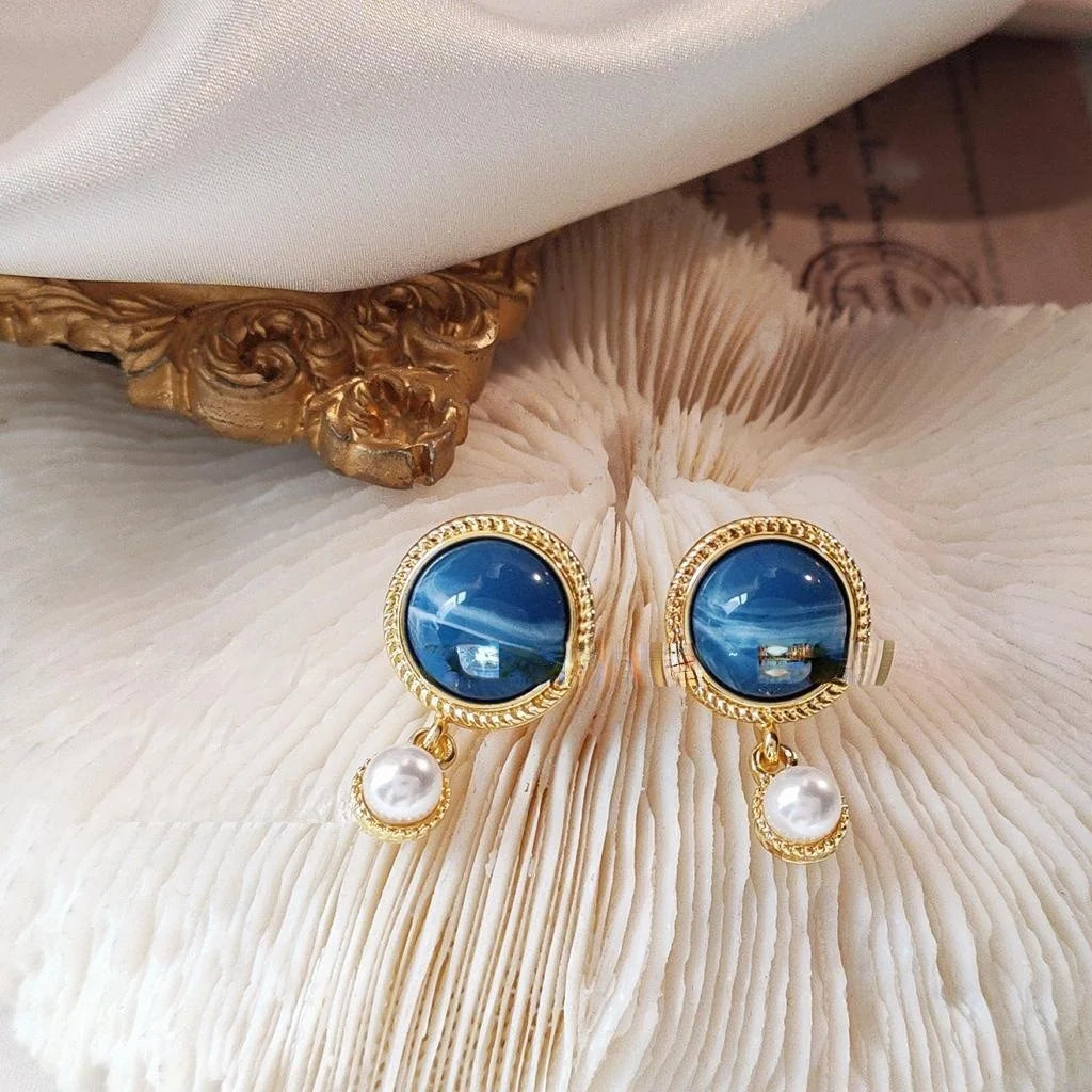 French Vintage 14K Plated Copper Pearl Geometric Round Drop Earrings For Women