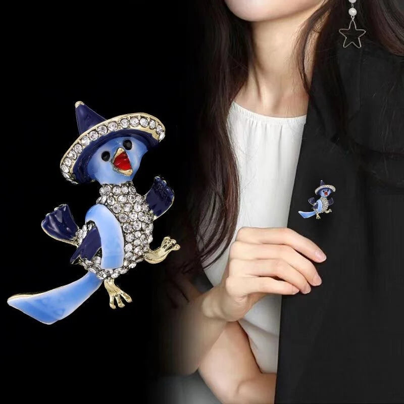 Cute Enamel Blue Parrot In Cowboy Hat Brooch With Rhinestones, Animal Lapel Pin Corsage Gift