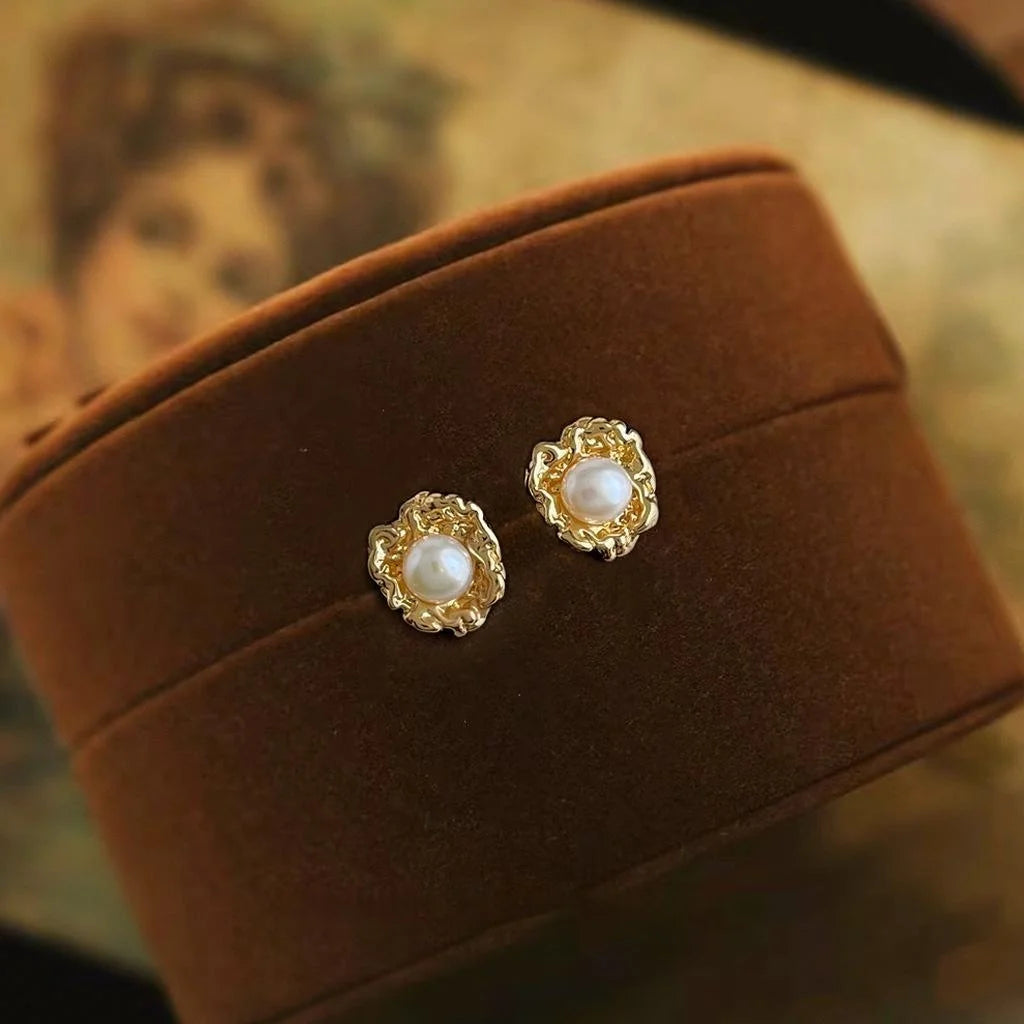 14K Plated Copper Freshwater Pearl Stud Earrings Irregular Geometric Minimalist Luxury Jewelry