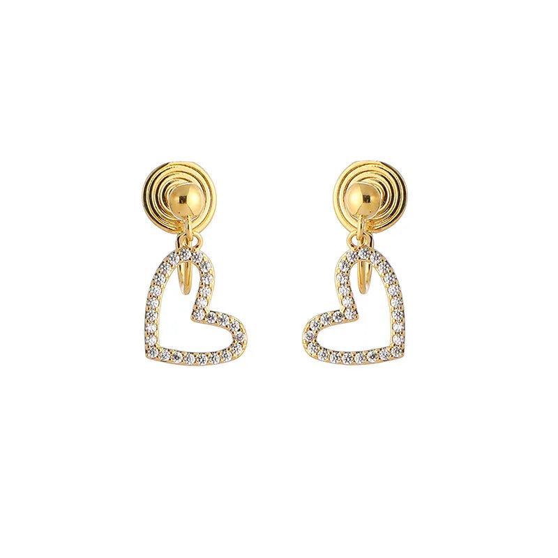 Elegant Zircon Paved Gold Heart Drop Stud & Clip On No Piercing Sweet Alloy Dangle Earrings