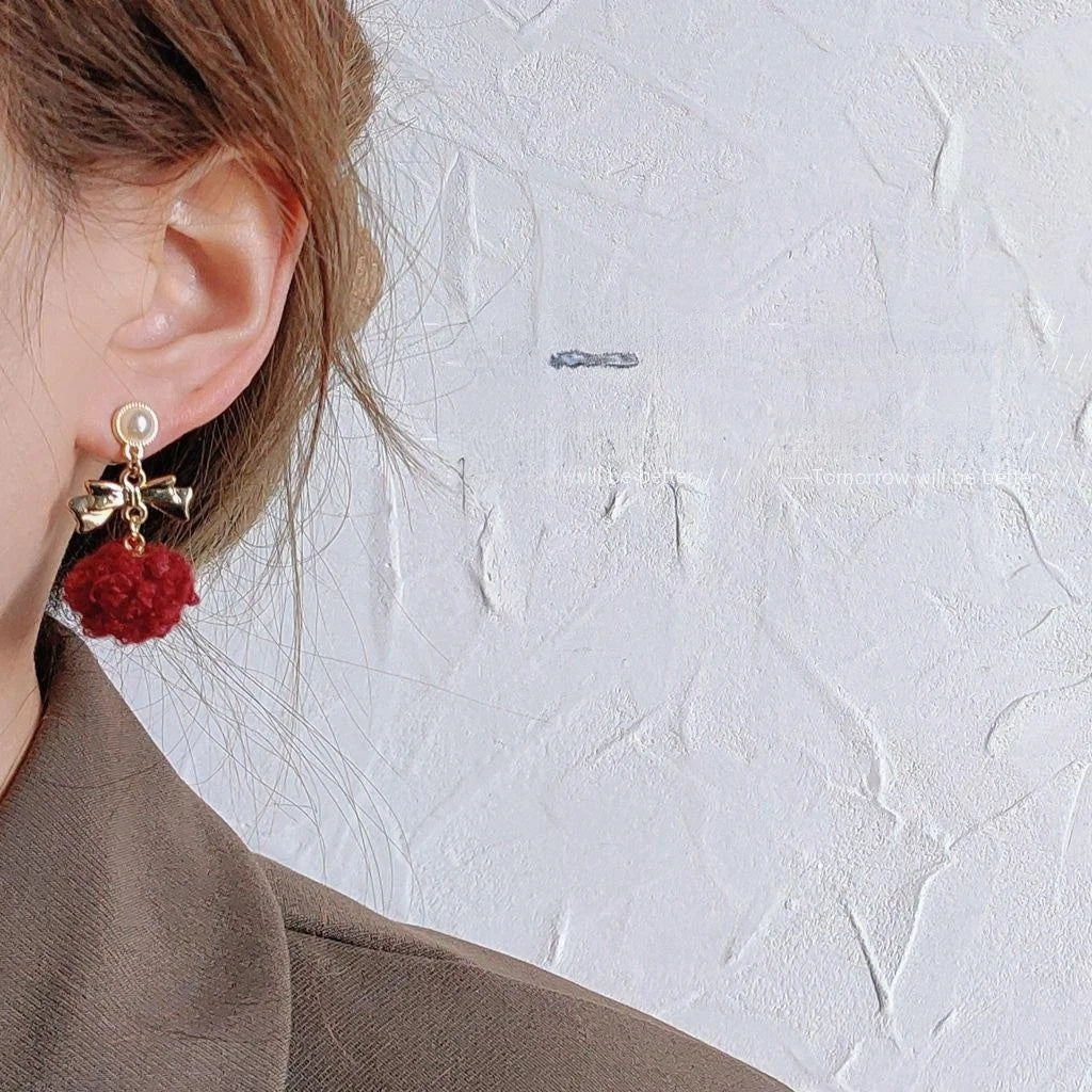 Burgundy Lambswool Pom Pom Bow Stud Earrings Silver Plated Korean Japanese Winter Jewelry