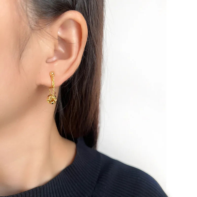 Elegant Gold Alloy Ball Chain Tassel Spiral Disc Stud & Clip On No Piercing French Drop Earrings
