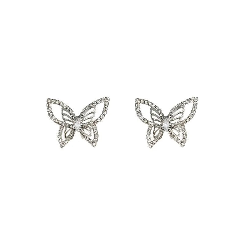 Sweet Cool Butterfly Zircon Stud Earrings Silver Plated Micro Pave Insect Jewelry