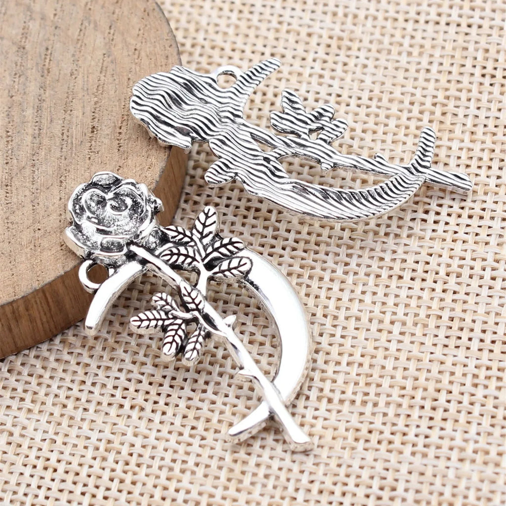 42x22mm 3.3g Antique Silver Zinc Alloy Moon Rose Flower Charm Pendant for DIY Necklace Jewelry