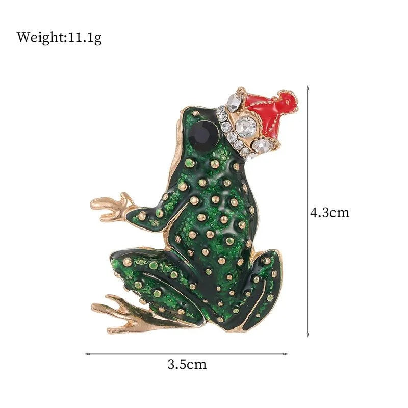 Cute Enamel Frog Prince Brooch With Rhinestone Crown, Animal Lapel Pin Corsage Suit Accessory Gift