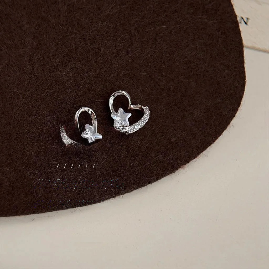Sweet Cool Micro Pave Zircon Heart Star Stud Earrings, Copper Hollow Line Design