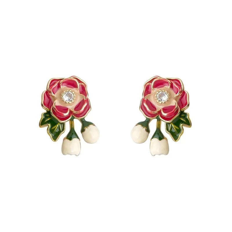 Sweet Floral Enamel Copper Stud Earrings And 14K Plated Finish