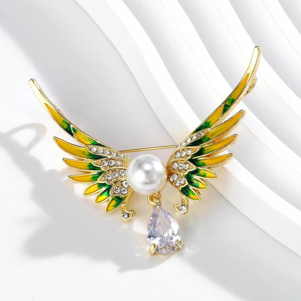 Elegant Enamel Angel Wings Brooch With Rhinestones Pearl And Crystal Drop, Women's Lapel Pin Gift