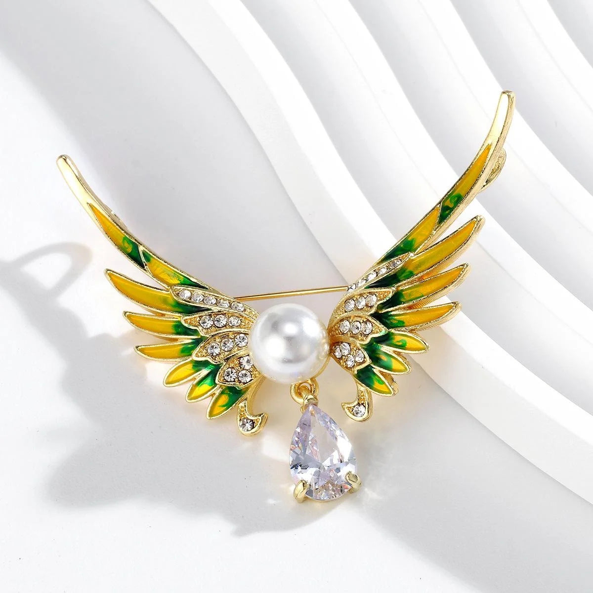 Elegant Enamel Angel Wings Brooch With Rhinestones Pearl And Crystal Drop, Women's Lapel Pin Gift