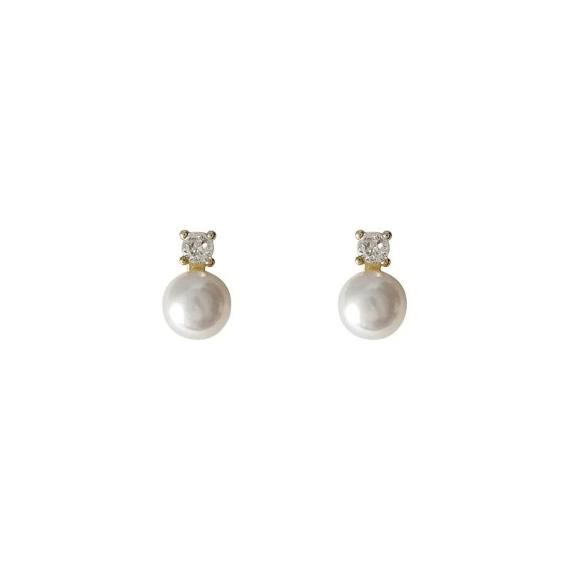 14K Gold Plated Copper Freshwater Pearl Micro Pave Zircon Round Stud Earrings Minimal Luxury Jewelry