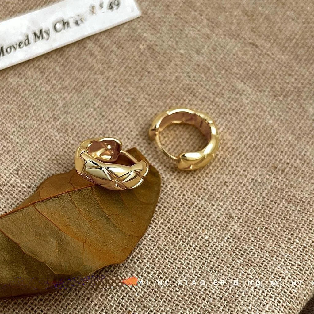 14K Gold Plated Copper Geometric Diamond Lattice Round Stud Earrings For Women
