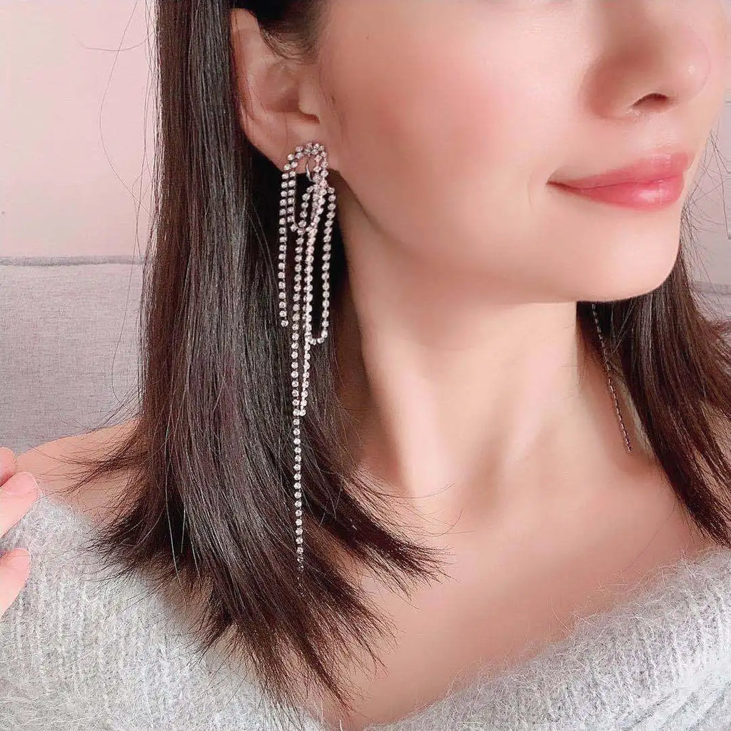 Luxury Long Rhinestone Tassel Swirl Back Drop Stud & Clip On No Piercing Statement Earrings