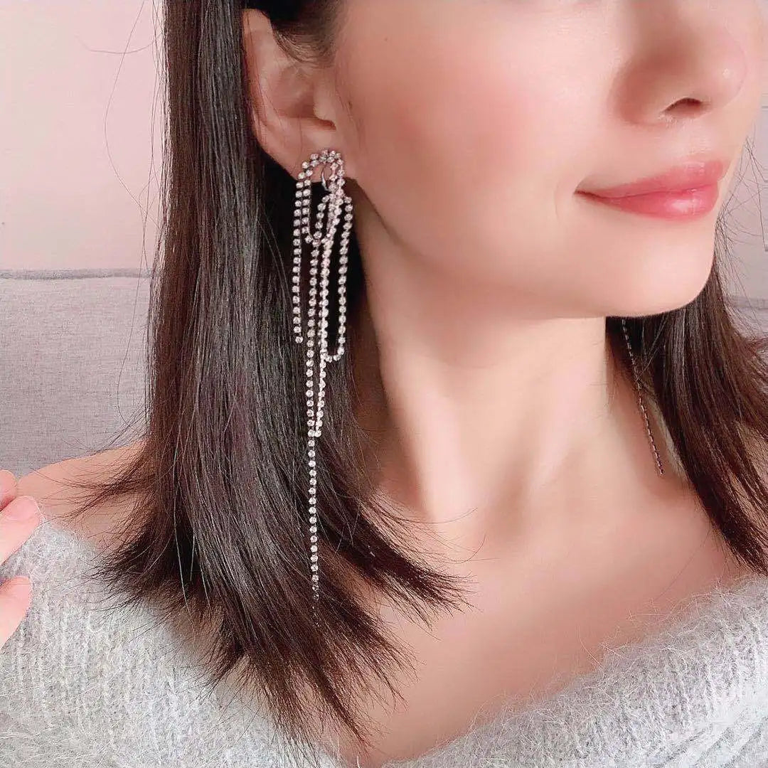 Luxury Long Rhinestone Tassel Swirl Back Drop Stud & Clip On No Piercing Statement Earrings