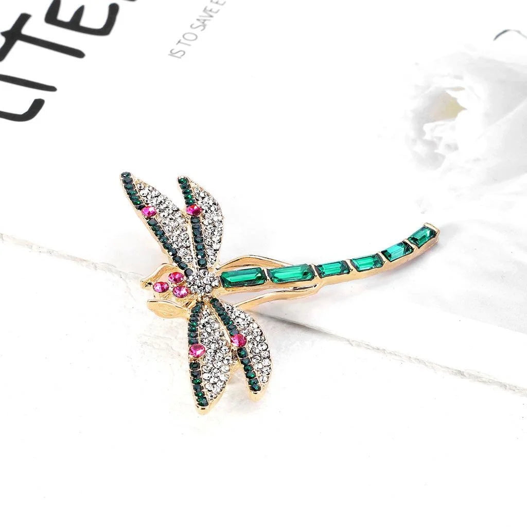 Elegant Dragonfly Rhinestone Brooch With Green Crystal Wings, Alloy Lapel Pin Corsage Suit Accessory