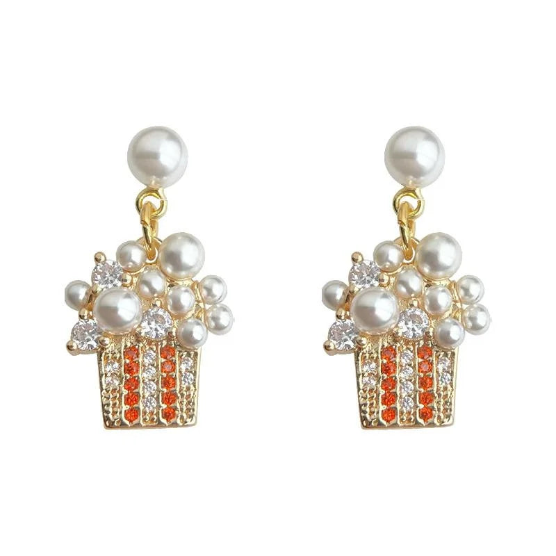 14K Gold Plated Copper Ice Cream Cartoon Pearl Zircon Drop Earrings Niche Designer Jewelry