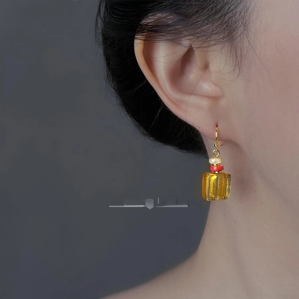 Handmade Vintage Chinese Style Copper Shell Glass Glaze Geometric Square Drop Earrings