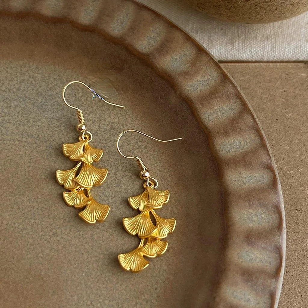 Vintage Artistic Copper Ginkgo Leaf Drop Earrings Matte New Chinese Designer Style