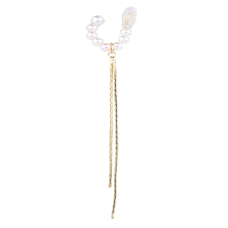 Elegant C Shape Pearl Ear Cuff Long Alloy Chain Tassel Stud & Clip On No Piercing Earrings