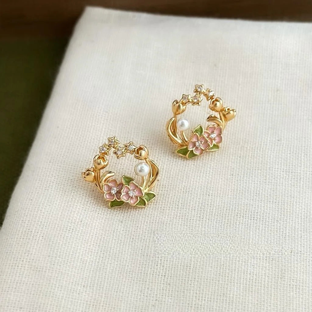 14K Plated Copper Enamel Rose Flower Stud Earrings With Zircon Pearl Chic Floral Jewelry