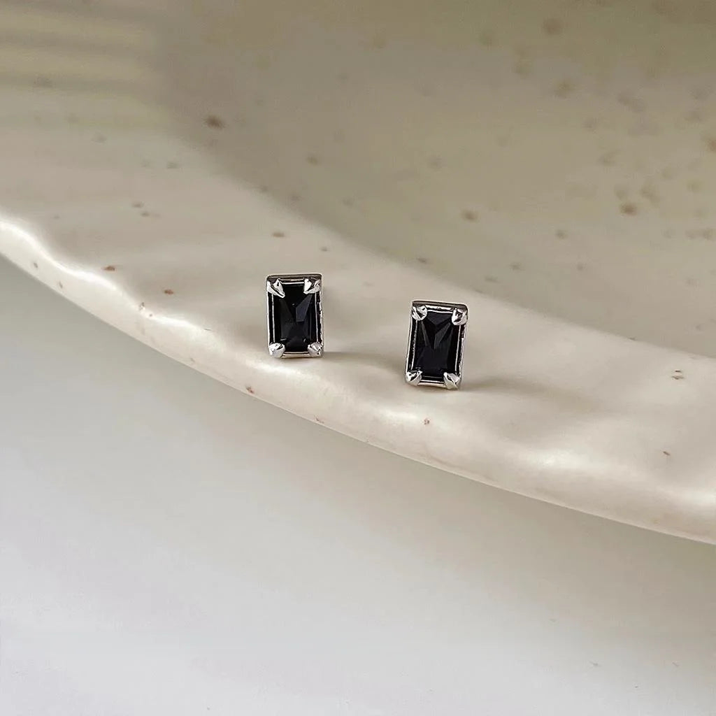 Minimalist Black Rectangular Zircon Copper Stud Earrings, Mini Geometric Jewelry