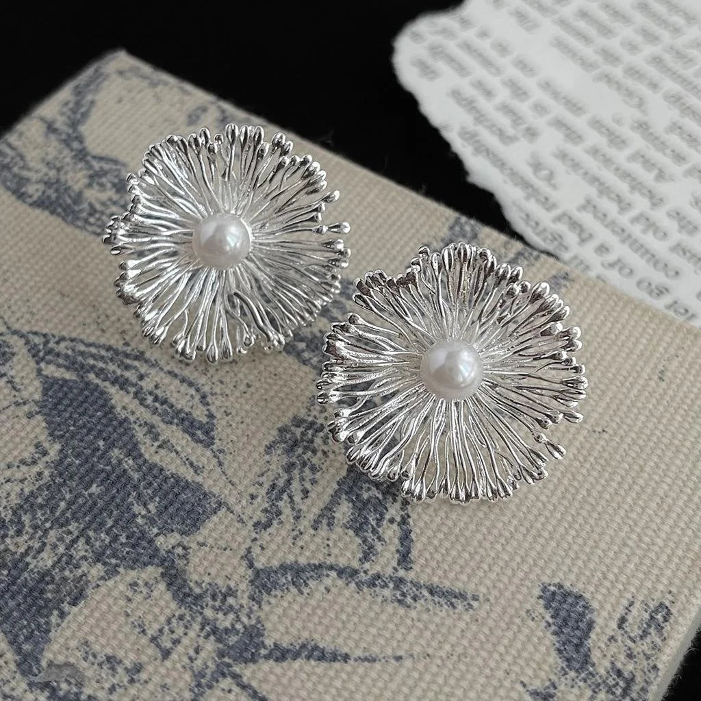 Designer Oversized Floral Glass Pearl Copper Drop Earrings With Ruffle Petal Luxury Style