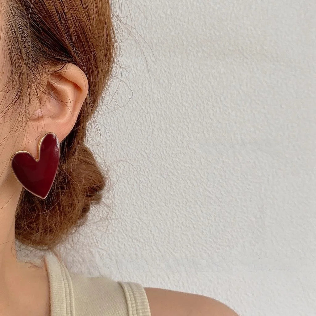 Retro Hong Kong Style Burgundy Enamel 14K Plated Copper Checkerboard Star Circle Stud Earrings