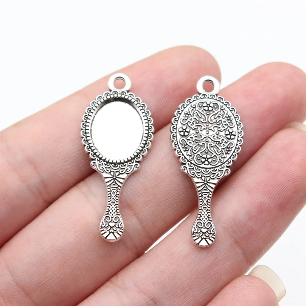 34x14mm 1.45g Antique Silver Zinc Alloy Vintage Mirror Charm Pendant for DIY Necklace Making
