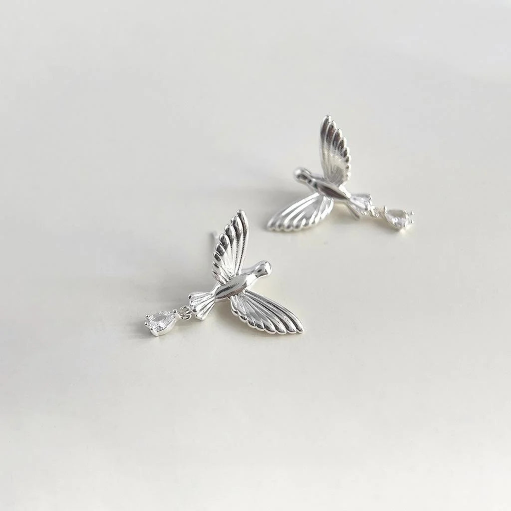 Original Designer Copper Zircon Bird Stud Earrings, Niche Style Jewelry