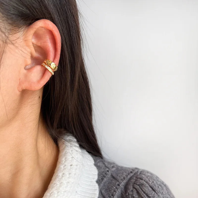 Vintage Quilted Gold Alloy Zircon Double Layer Ear Cuff Stud & Clip On No Piercing Luxury Earrings