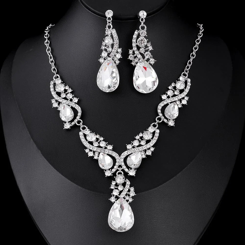 Luxury Bridal Rhinestone Crystal Necklace And Earrings Jewelry Set For Women Wedding Party Banquet Gift